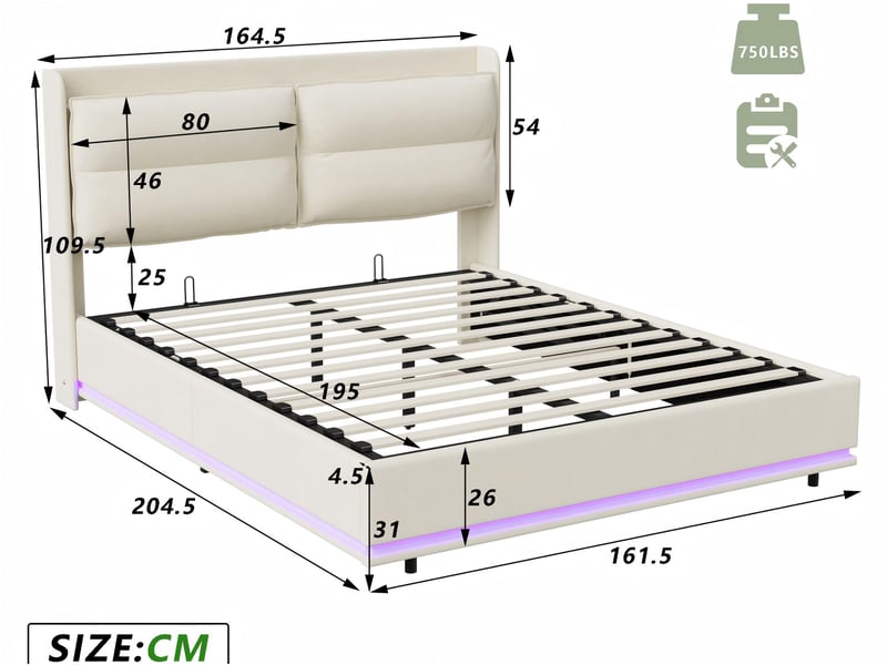  Lit coffre 160x200 cm - lit 2 places pu beige - led rgb intégrée - sommier relevable  - Conforama C