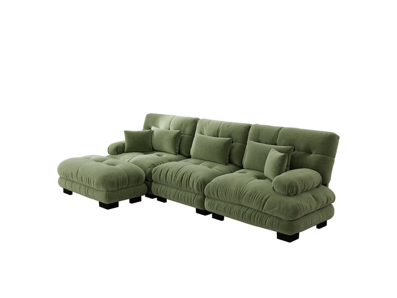  Canapé d'angle modulaire 313x145x81 cm 3 places avec ottomans mobiles chenille vert  - Conforama A