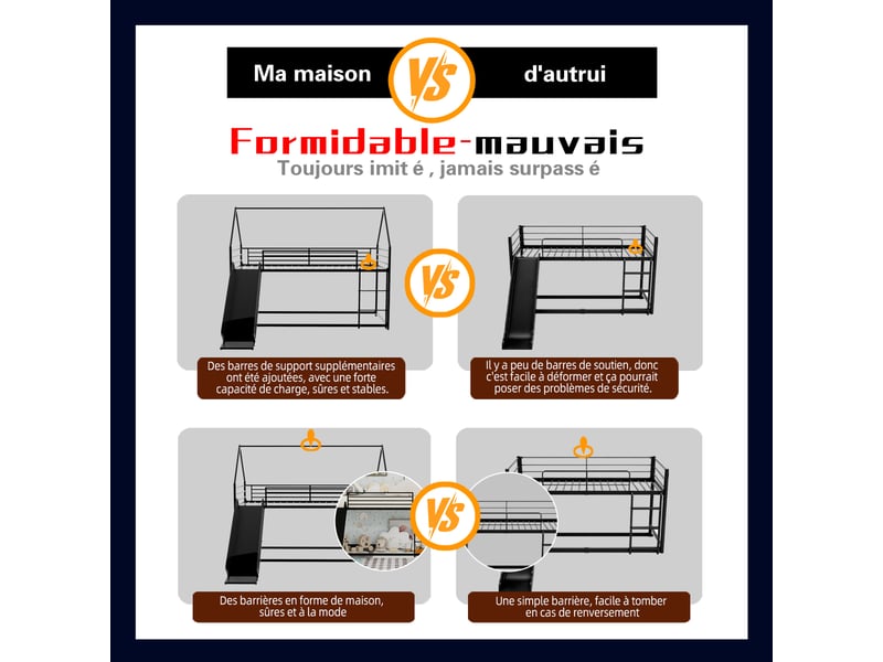  Lit superposé maison 90×190 cm, avec toboggan, escalier intégré, pour une chambre enfant, à assembler  - Conforama E