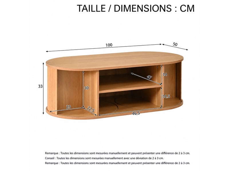  Table basse ovale avec rangement caché, 2 portes à lames, cloison mobile, bois naturel, 100 x 50 x 33 cm  - Conforama E
