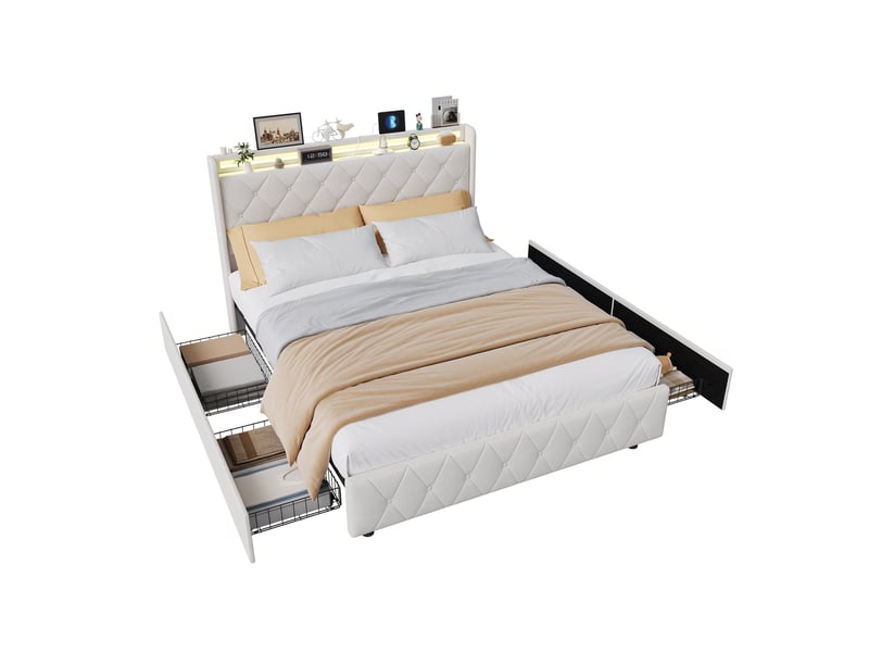  Lit 2 places 140x200 cm - avec éclairage led - tête de lit avec étagère - similicuir pu beige - sommier à lattes inclus  - Conforama A