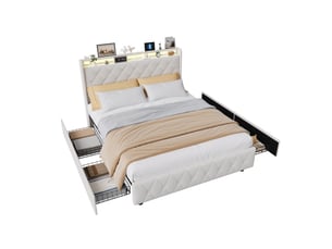 Lit 2 places 140x200 cm - avec éclairage led - tête de lit avec étagère - similicuir pu beige - sommier à lattes inclus