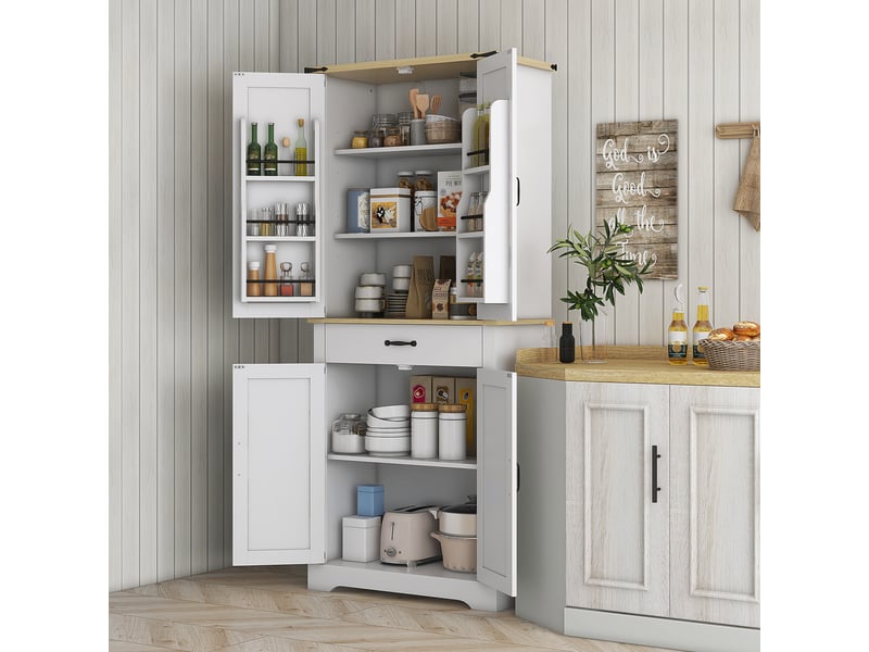  Armoire de cuisine buffet cuisine, 6 étagères à porte,1 tiroir et étagères réglables 76,5 x 40 x 181 cm blanc, 4 portes  - Conforama D