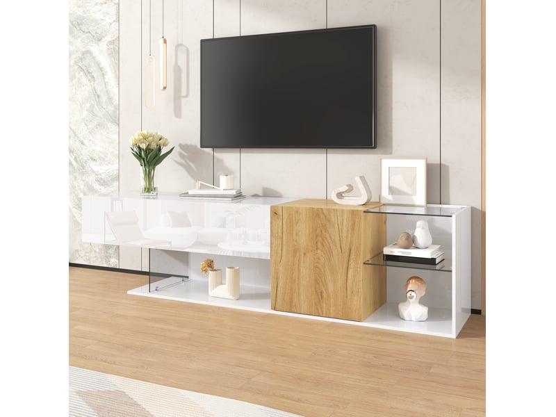  Meuble tv 180x38x48cm avec 2 portes, couleur naturelle et blanche, aspect veines de bois, panneau de particules  - Conforama E