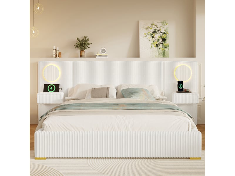  Lit double 180 × 200 cm avec tête de lit led, ports usb et chevets à tiroirs en velours beige pour chambre moderne  - Conforama D