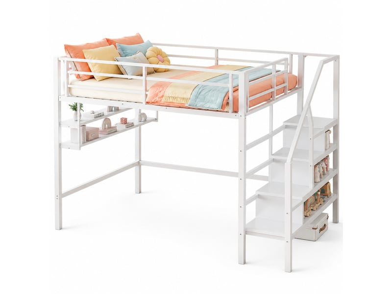 Lit mezzanine enfant 140×200 cm étagères, échelle de rangement et barrière - sans matelas, métal blanc - Conforama A