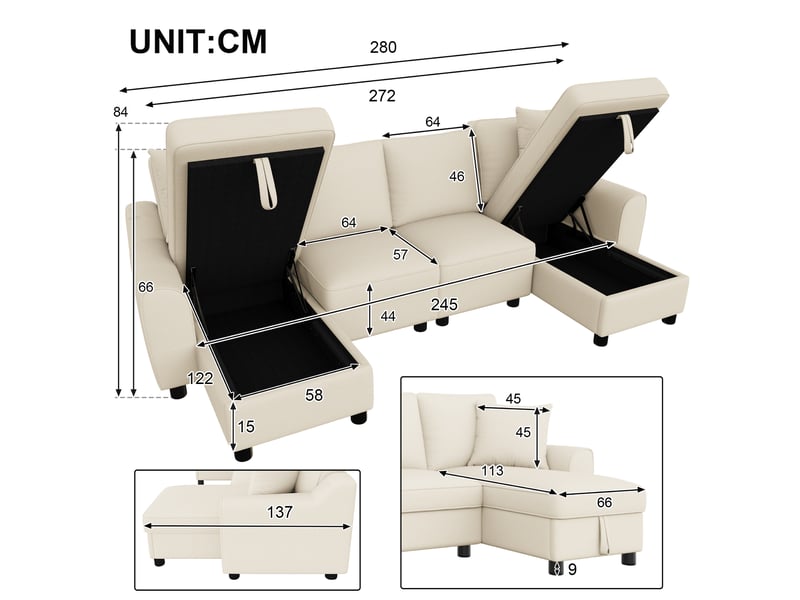 Canapé panoramique en u, tissu chenille beige 4 places, canapé d'angle modulable avec coffre de rangement pour grand salon moderne - Conforama C