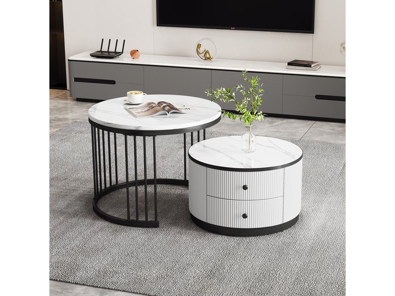  Table basse gigogne effet marbre blanc brillant lot de 2 tables rondes avec tiroirs  - Conforama E