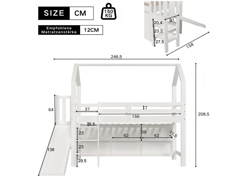  Lit enfant surélevé 90 x 200 cm blanc avec toboggan, escalier et rangements  - Conforama E