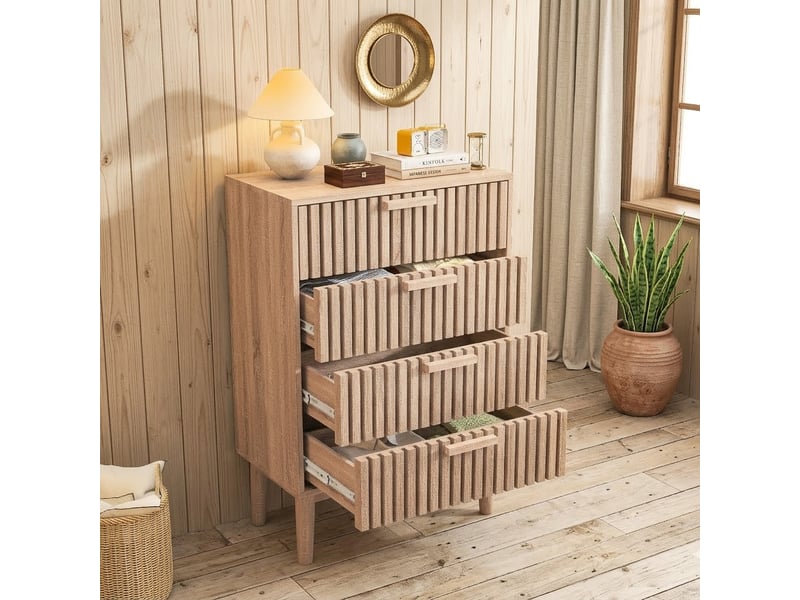  Commode 4 tiroirs, meuble de rangement avec antichute,chiffonnier bois colonne avec poignées et pieds, tiroir pour chambre, salon, bureau, 60x34x91cm  - Conforama E