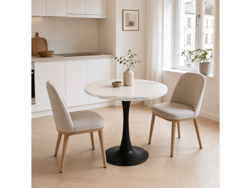 Table à manger ronde 2 à 4 personnes - lpospi - piètement central stable, mdf effet marbre, blanc et noir, ø 80 cm - Conforama C