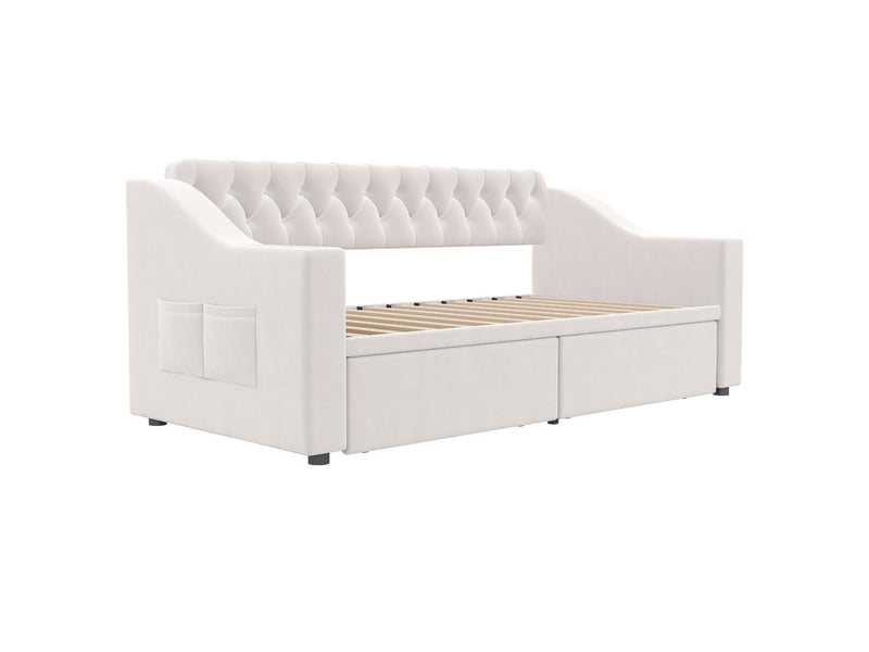  Lit canapé velours beige 90x190 cm avec accoudoirs usb, rangements et tiroir  - Conforama E