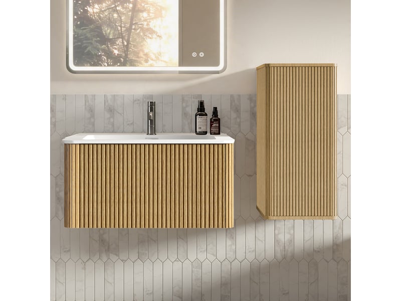  Meuble sous vasque suspendu avec colonne de rangement et vasque en pierre blanche pour salle de bain en mdf chêne  - Conforama B