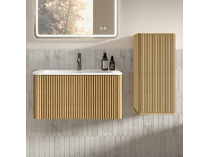 Meuble sous vasque suspendu avec colonne de rangement et vasque en pierre blanche pour salle de bain en mdf chêne
