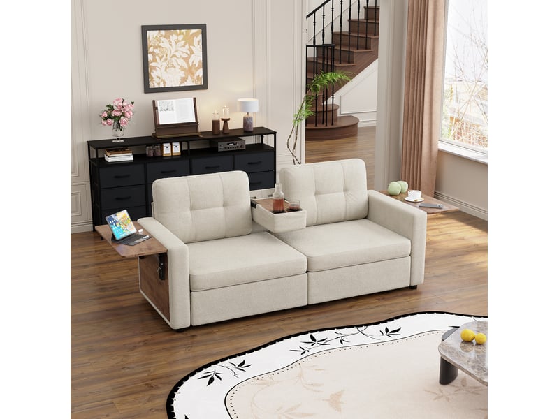Canapé 2 places avec 2 tiroirs et tables réglables 178x71x57.5 cm beige - Conforama W