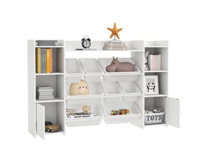 Meuble de rangement pour jouets d'enfants avec 8 bacs et placards amovibles, 140 x 30 x 90 cm, blanc