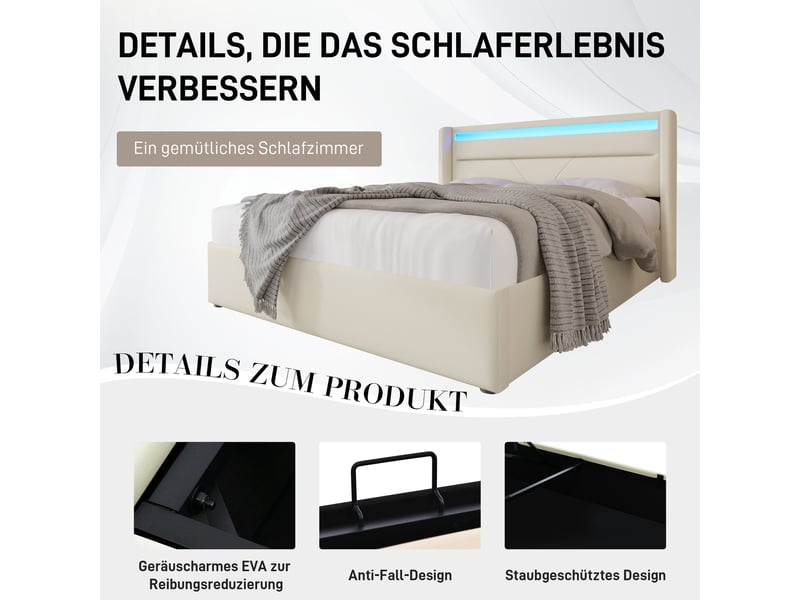  Lit coffre hydraulique 140x200 cm avec tête de lit led et télécommande, rangement sous le lit et simili cuir blanc.  - Conforama D