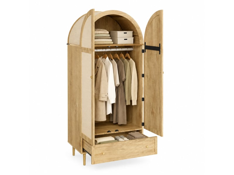  Armoire 79x50x175 cm avec portes en tissu et tiroirs, finition chêne  - Conforama A