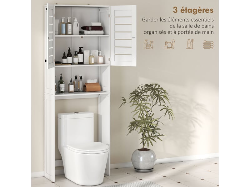 Meuble wc dessus de toilettemachine à laver avec placard à porte double, portes à persiennes, blanc, 67x31,5x190cm - Conforama D