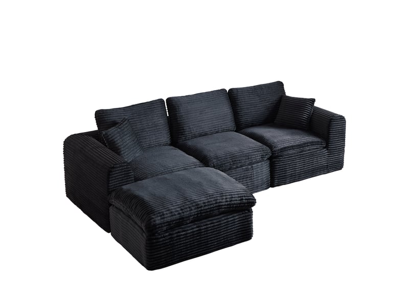  Canapé d’angle modulable 4 places 280 cm, 3-en-1, sans cadre rigide, mousse et ressorts, couchage d’appoint, velours côtelé, bleu foncé Morn Vibe - Conforama A