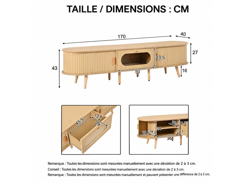  Meuble tv en mdf, 2 portes coulissantes, tiroir acrylique, 8 pieds, bois naturel, pour tv 70 pouces, 170 x 40 x 43 cm  - Conforama C