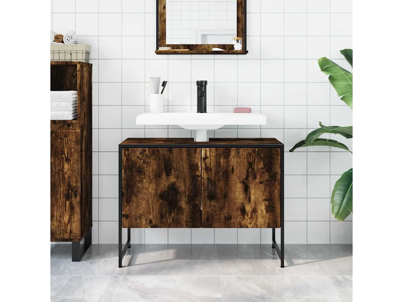  Armoire lavabo salle de bain, meuble de rangement chêne fumé bois d'ingénierie  - Conforama C