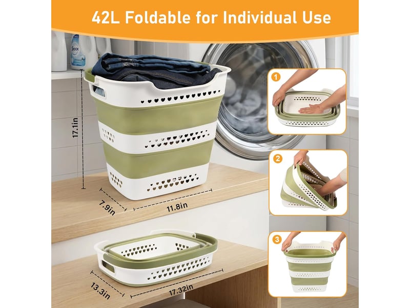 Lot de 2 paniers à linge pliables 42 l, corbeilles en plastique avec poignées, gain de place pour vêtements, vert - Conforama C