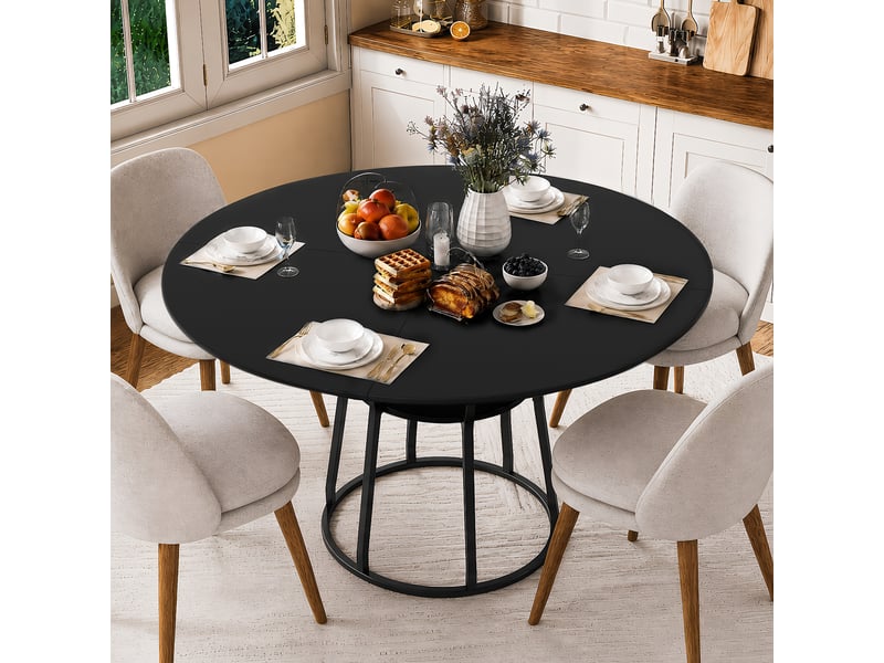Table à manger ronde 120 cm noir, piètement métal noir, pour 6 personnes, salon ou salle à manger - Conforama D