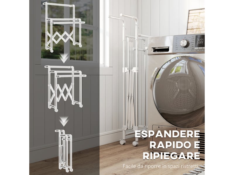  Étendoir à linge pliable avec 3 barres réglables, roulettes pivotantes et structure en acier inoxydable, argent  - Conforama E