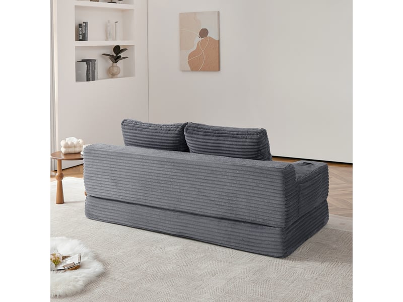  Canapé droit convertible 2 places en velours côtelé gris avec porte-gobelets et rangements latéraux pratiques  - Conforama D