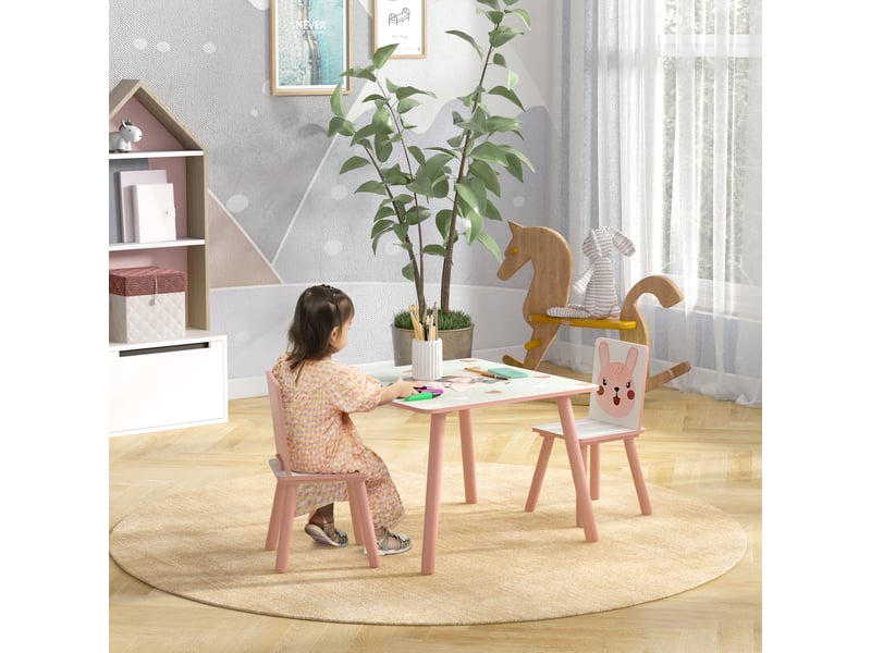  Ensemble table et chaises pour enfants, motif animaux pour chambre à coucher rose, table pour enfant avec 2 chaises  - Conforama D