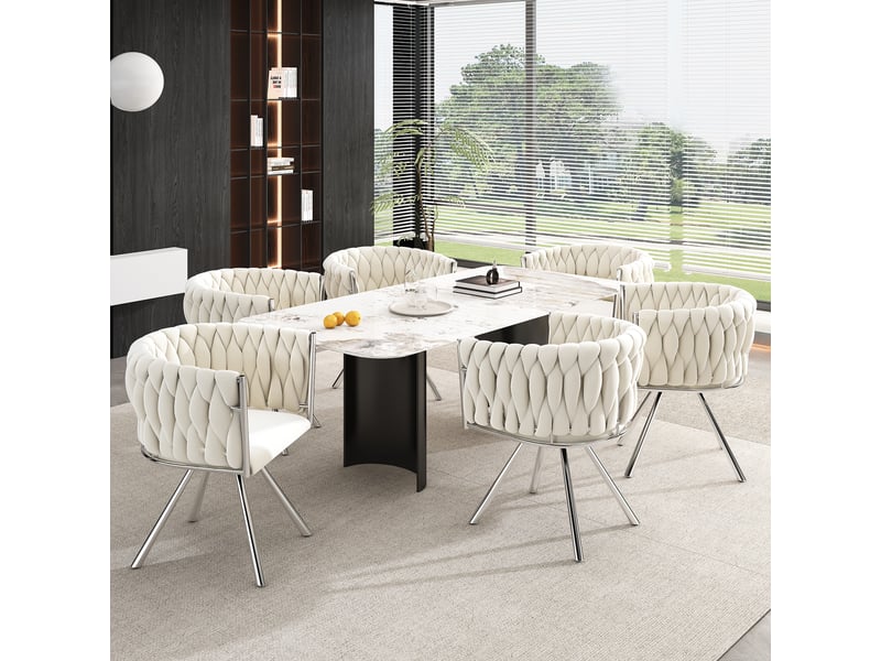  Chaises de salle à manger lot de 6 pivotantes à 360°  - dossier courbé, velours beige et métal argenté  - Conforama C