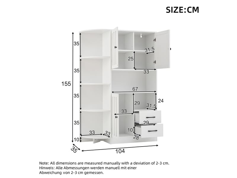 Meuble d'angle blanc en panneaux de particules, rangement 14 compartiments, 3 placards et 2 tiroirs pour salon, 104 x 35 x 155 cm - Conforama C