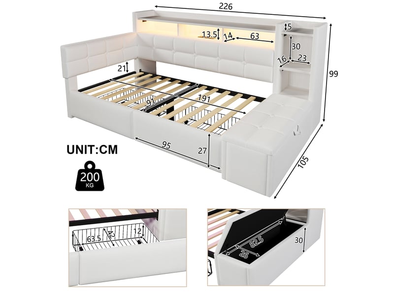  Modenvie lit banquette 90x190 cm - velours, led multicolore et ports usb-c, sans matelas - blanc  - Conforama C