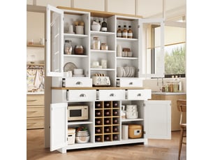 Armoire de cuisine blanche 185cm, buffet haut avec porte en verre, 5 tiroirs, range-bouteilles amovible