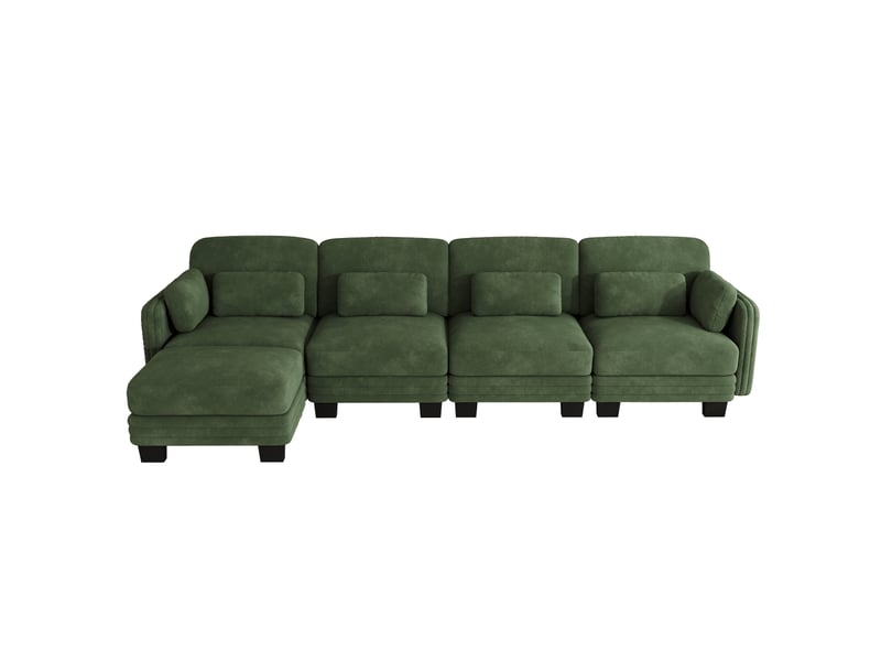  Canapé d’angle modulaire 4 places en chenille verte, avec pouf assorti, coussins lombaires et d’accoudoir, salon  - Conforama A
