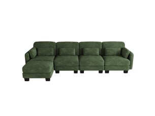 Canapé d’angle modulaire 4 places en chenille verte, avec pouf assorti, coussins lombaires et d’accoudoir, salon