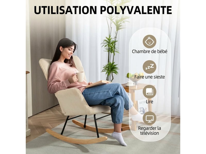  Fauteuil à bascule beige aspect velours côtelé avec accoudoirs et patins en bois, fauteuil de relaxation pour salon  - Conforama R