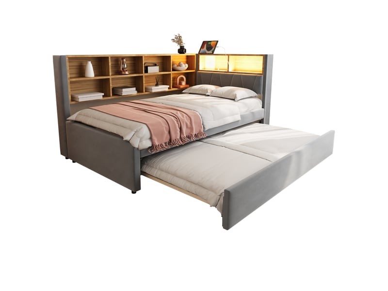Canapé-lit 90x200 cm + gigogne 90x190 cm avec led et prises, flanelle gris foncé, sans matelas - Conforama A