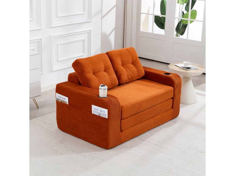 Canapé convertible 2 places en velours côtelé orange 136 cm, canapé lit compact avec assise rembourrée pour petit salon IKSETERA TRADING LTD - Conforama D