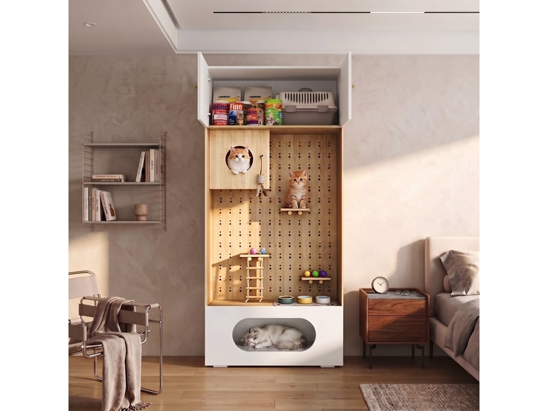  Meuble vertical multifonction avec niche, plateformes et rangement, 90 x 50 x 200 cm, blanc effet bois  - Conforama R