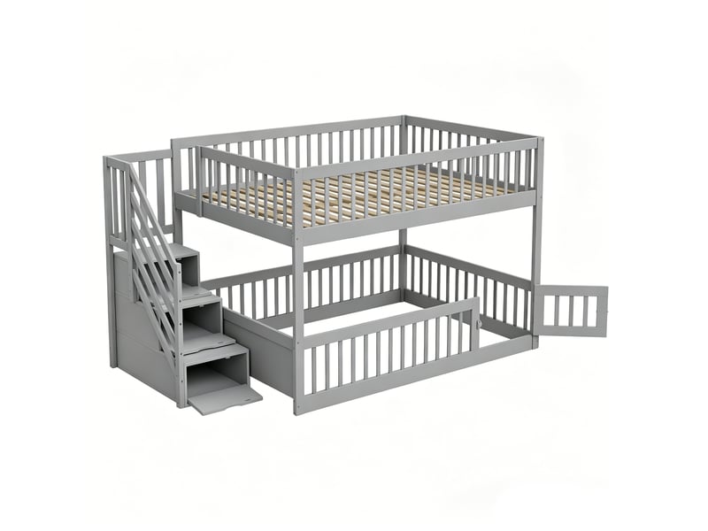  Lit superposé enfant 140x200 cm – gris – escalier à tiroirs et barrières de sécurité - sans matelas  - Conforama D