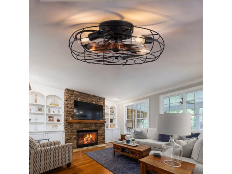  Ventilateur de plafond cage avec lumière 19 pouces, 6 vitesses, moteur réversible, télécommande, en métal noir et noyer  - Conforama C