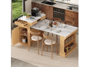 Desserte de cuisine extensible avec rangement, 2 tiroirs et prises électriques intégrées, effet marbre blanc et bois naturel, 55-153x80x93 cm
