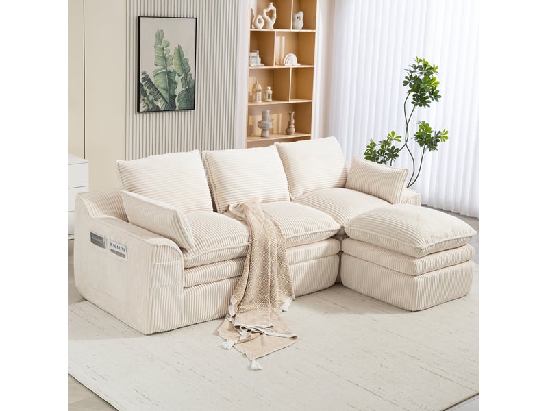  Canapé modulaire 3 places avec pouf convertible velours côtelé beige 263 x 167 x 85 cm poches latérales  - Conforama B
