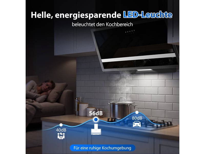 Hotte aspirante 60 cm, hotte de cuisine 400 m³h, évacuation ou recyclage, moteur sans balais, éclairage led, finition noire mate - Conforama R