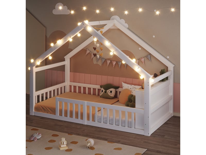  Lit simple 90x190 cm avec barrières de sécurité, lit enfant avec cadre en pin, pour 1 personne, blanc  - Conforama C