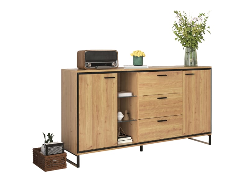  Buffet de salon, buffet couleur bois avec 2 portes, 3 tiroirs au veinage raffiné pour salon, salle à manger  - Conforama E