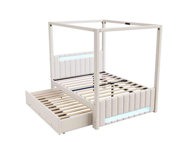  Lit à baldaquin capitonné 140 x 200 cm avec lit gigogne et trois tiroirs, éclairage led, beige  - Conforama D