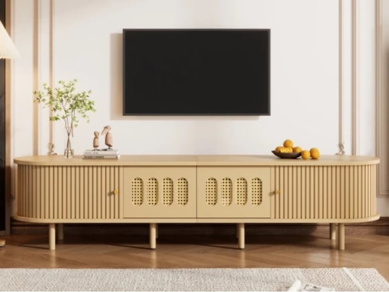  Meuble tv bas ovale avec portes coulissantes et rotin, mdf, 180 × 40 × 40 cm, bois naturel  - Conforama B